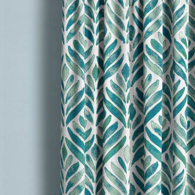 Watercolour Leaves Cotton Curtain Fabric - Teal