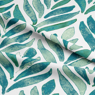Watercolour Leaves Cotton Curtain Fabric - Teal
