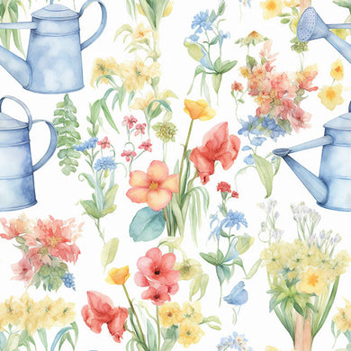 Watering cans cotton curtain fabric in blue with white background