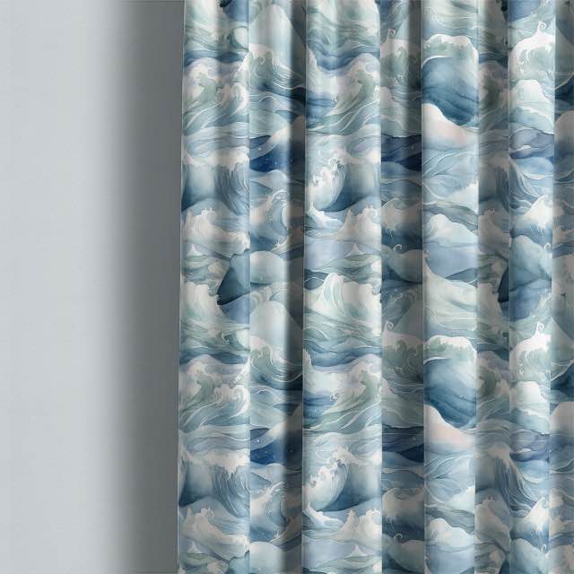 Interior shot of a cozy living room with Waves Cotton Curtain Fabric - Blue adding a touch of elegance and sophistication