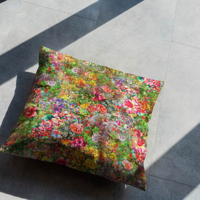  Wisley Cotton Curtain Fabric - Summer swatch displayed against a window, showcasing its light-filtering properties