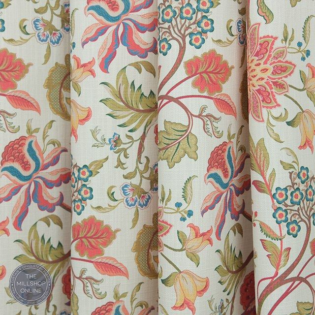 Bess White - Red floral print upholstery fabric for sale