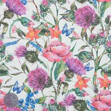 Butterflies & Thistles Heather - Bright Floral print curtain fabric