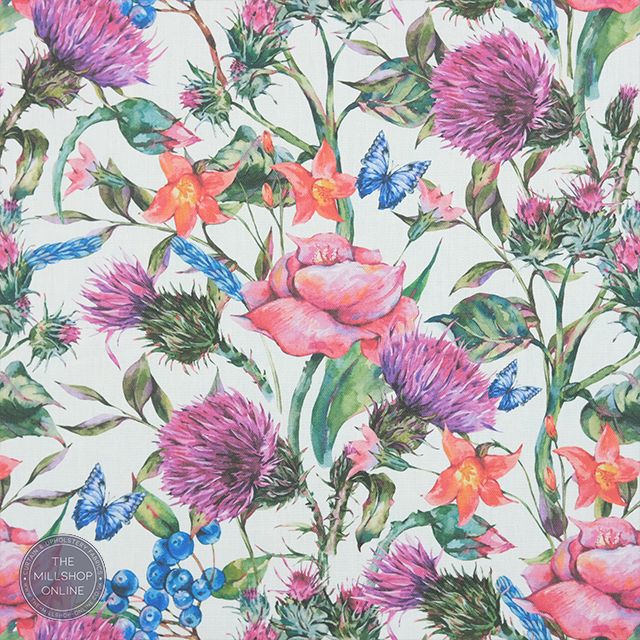 Butterflies & Thistles Heather - Bright Floral print curtain fabric