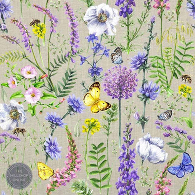 Butterfly Garden Berry Flat Linen Fabric