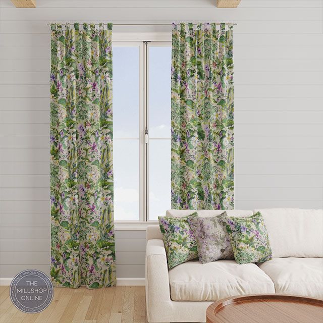 Chamaerops Linen Natural - Jungle floral print fabric for sale