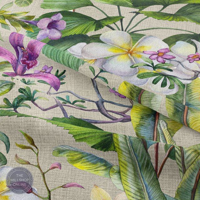 Chamaerops Linen Natural - Pink Orchid design Curtain and blind fabric uk