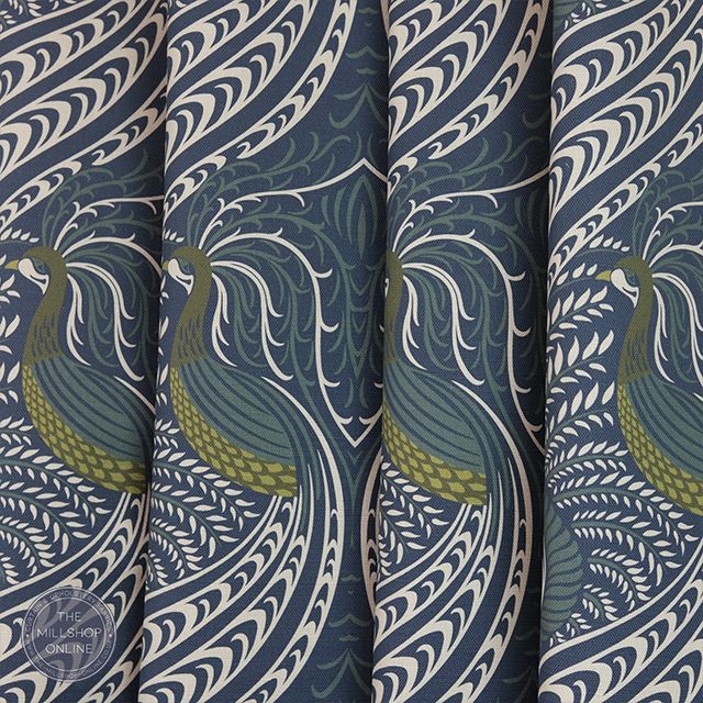 Deco Peacock Navy - Navy and green art deco design roman blind fabric