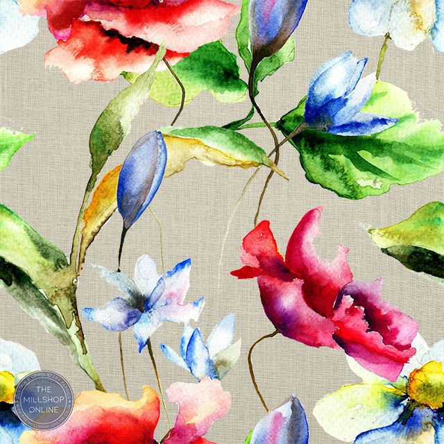 Flower Meadow Red Blue - Red Poppy Watercolour fabric for curtains