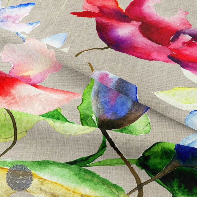 Flower Meadow Red Blue - Red Blue Flower fabric for roman blinds uk