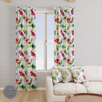 Flower Meadow White - Red artistic floral curtain fabric for sale