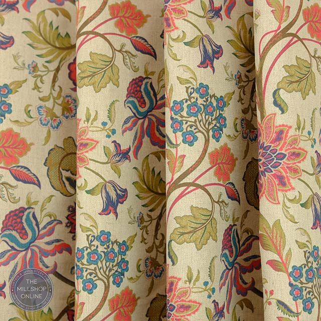 Hardwick Linen Natural - Blue flower print fabric for roman blinds for sale