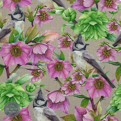 Hellebores Linen Natural - Natural Crested tit fabric for curtains uk