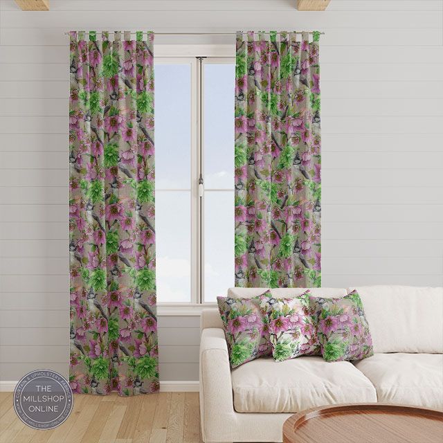 Hellebores Linen Natural - Pink floral roman blind fabric for sale uk
