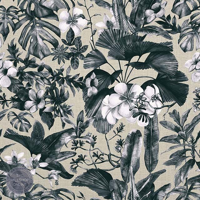 Monstera Linen Noir - Noir floral print curtain fabric for sale uk