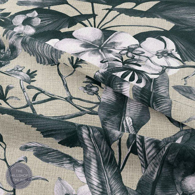 Monstera Linen Noir - Black on natural tropical botanic print bfabric for curtains