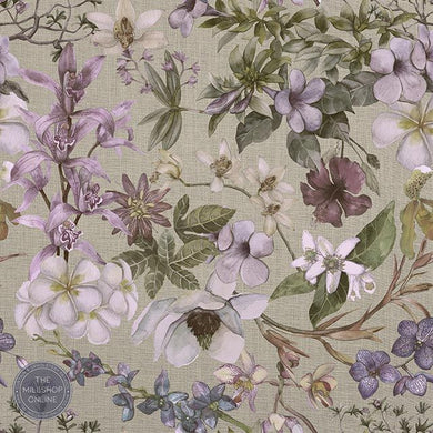 Orchid Linen Natural - Soft Lilac on natural floral print curtain fabric for sale