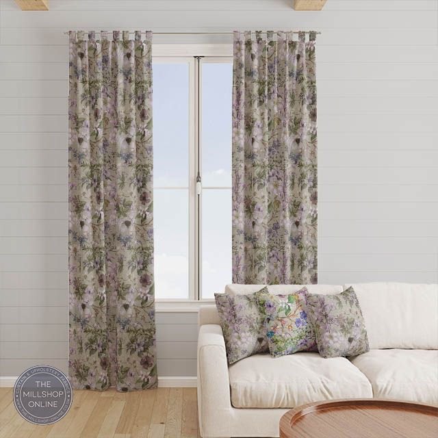 Orchid Linen Natural - Green Leaves and gentle lilac flowers roman blind fabric