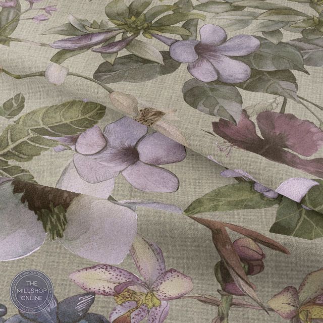 Orchid Linen Natural - Pale Mauve orchid flower fabric for curtains uk